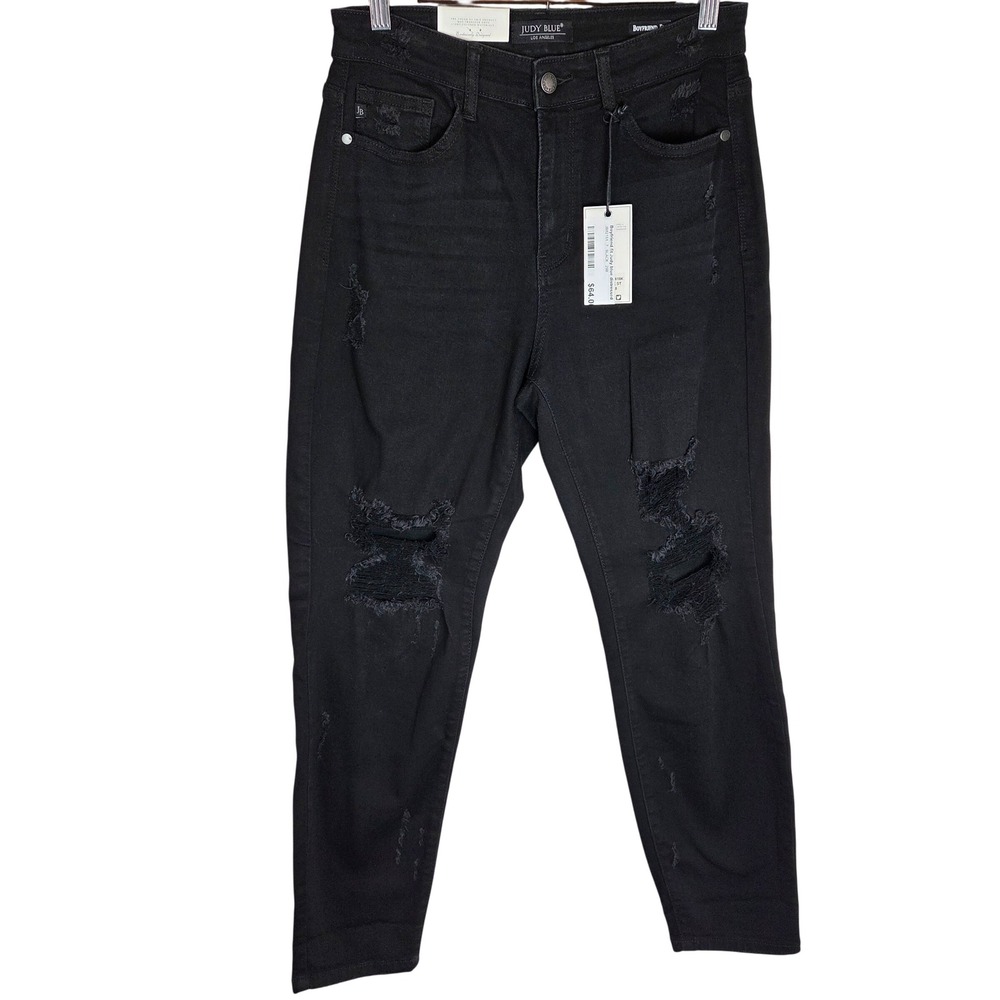 NWT Judy Blue Boyfriend Fit Distressed Black Jeans Casual Denim